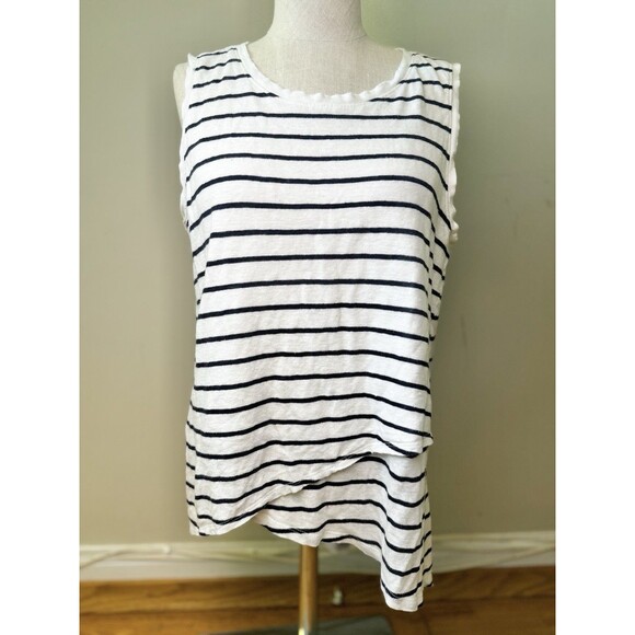 Athleta Women’s 100% Linen Striped Sleeveless Tank Top Tulip Hem Black White M - Picture 1 of 10